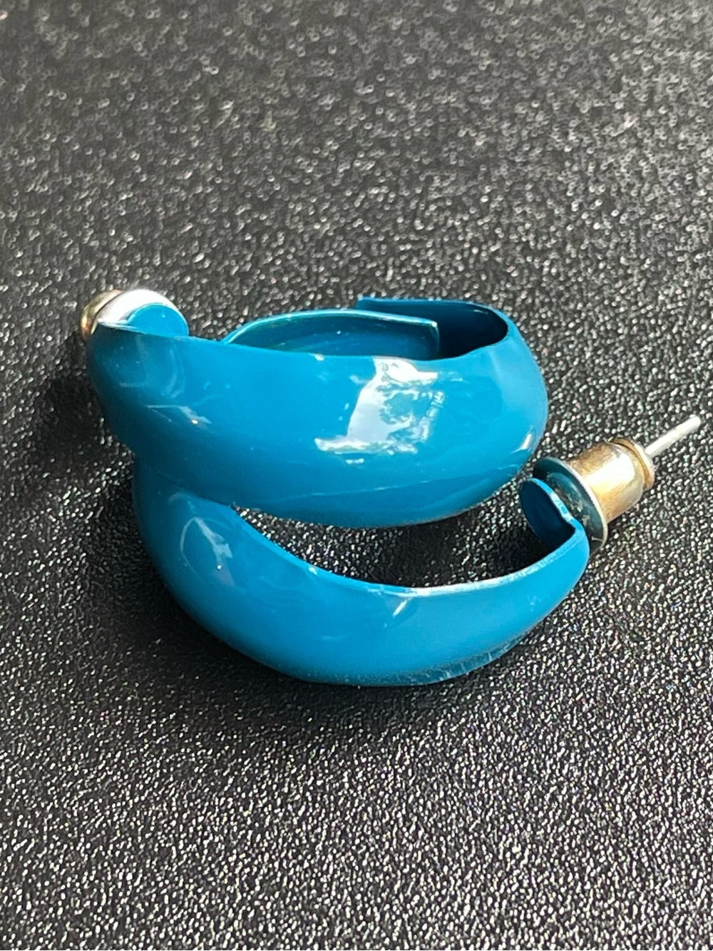 Vintage Teal Turquoise Blue Enamel Metal Hoop Earrings